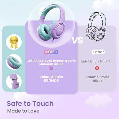 Acer USB‑C Kids Headphones for School, 85‑94dB Limiter, w/Mic HK03C | Foldable Wired Over Ear Headphones, for Toddler School/Travel/iPad/Tablet, Purple‑Green - color: USB-C Green-Purple