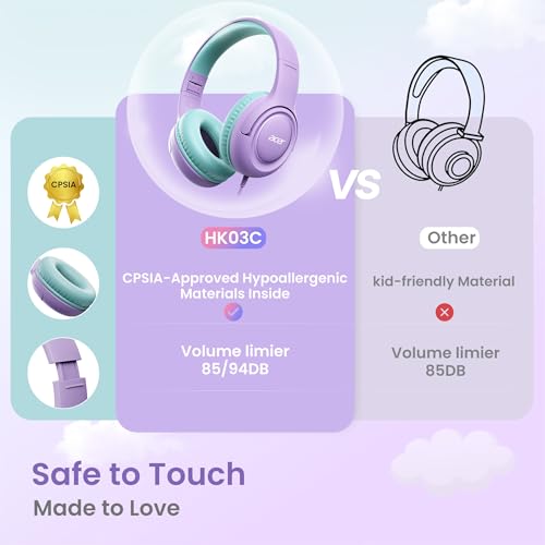 Acer USB‑C Kids Headphones for School, 85‑94dB Limiter, w/Mic HK03C | Foldable Wired Over Ear Headphones, for Toddler School/Travel/iPad/Tablet, Purple‑Green - color: USB-C Green-Purple