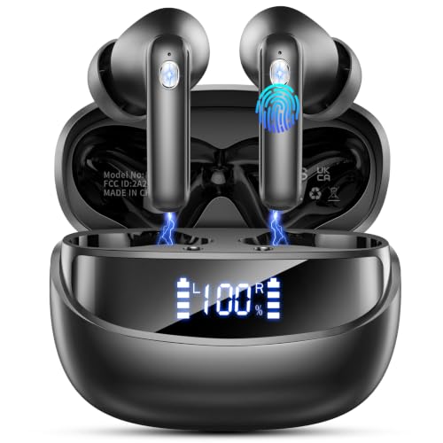 Jxrev Wireless Bluetooth 5.4 Earbuds, 6D Stereo Ear Buds, LED Power Display | in-Ear Noise Cancelling Mic, 40H Playback, Mini Case, IP7 Waterproof Sports Earphones, for Android iOS - color: Carbon Black
