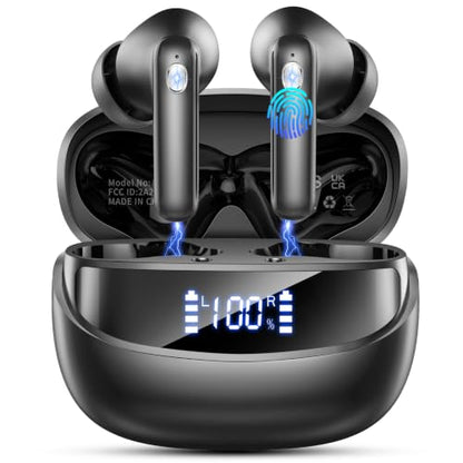 Jxrev Wireless Bluetooth 5.4 Earbuds, 6D Stereo Ear Buds, LED Power Display | in-Ear Noise Cancelling Mic, 40H Playback, Mini Case, IP7 Waterproof Sports Earphones, for Android iOS - color: Carbon Black