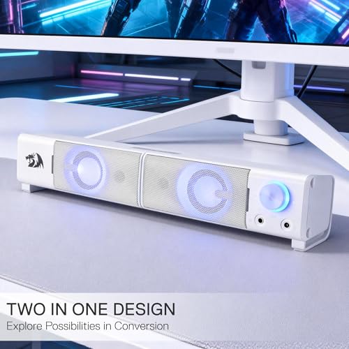 Redragon GS550 PC Gaming Speakers 2.0 Channel Stereo Enhanced Sound, White | Compact Maneuverable Size, Headphone Jack, Decent Red Backlight, Plug & Play USB Powered Desktop Computer Speaker - color: White