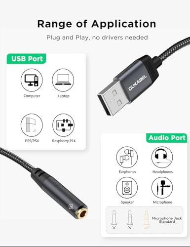 USB Audio Adapter, DUKABEL USB Aux Stereo Converter for PC, PS4, PS5-30CM | USB to 3.5mm Audio Jack Adapter, USB 2.0, TRRS Mic-Supported, for PC, Laptop, Mac, Desktops, Linux, PS4, PS5 and More - size: 20CM
