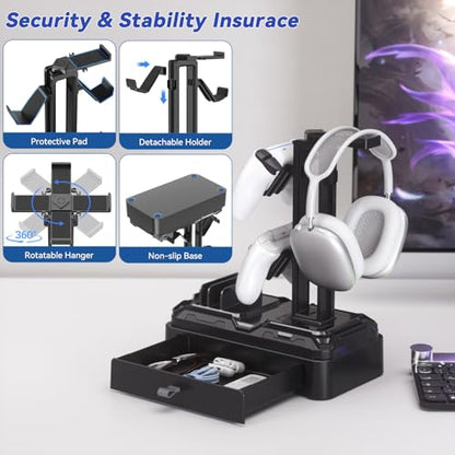 KDD Headphone Stand with Drawer - Rotatable Headset & Detachable Controller Holder for Desk - Multifunctional Organizer with Device Slot for Phones, Tablets - Universal for Gaming Accessories
