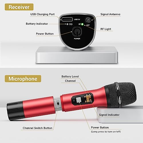 TONOR Wireless Microphones, Cordless Mic with Rechargeable Receiver, 200ft Range UHF Handheld Dynamic Microfonos Inalambricos Professional for Karaoke Singing Party Wedding Church TW630 Silver&Red