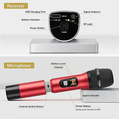 TONOR Wireless Microphones, Cordless Mic with Rechargeable Receiver, 200ft Range UHF Handheld Dynamic Microfonos Inalambricos Professional for Karaoke Singing Party Wedding Church TW630 Silver&Red