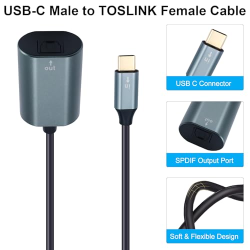 Poyiccot USB C to Toslink Optical Audio Adapter 20cm/7.87inch, USB C Male to Toslink Female Supports SPDIF Audio Output Suitable for Notebook Computers, Tablets, Mobile Phones.