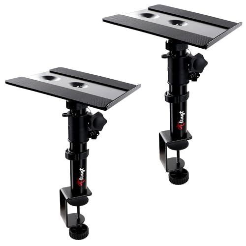 Tlingt Clamp-on Desktop Speaker Stand Pair, Height & Tilt Adjusts | Heavy-duty 6.7"x7.9" Metal Tray, ±10° Tilt, Desk Mount Set, Fits 3"-4" Monitor & Bookshelf Speakers - size: For 3"- 4" Speaker