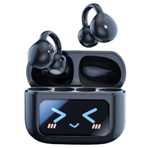 Open Ear Clip Headphones Wireless Earbuds Bluetooth 5.4 Sports Earphones with Wireless LED Touch Screen Waterproof in Ear Earphones for Pad Tablet Laptop Android/iOS Phones (Black) - color: Black