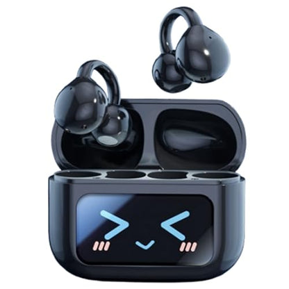 Open Ear Clip Headphones Wireless Earbuds Bluetooth 5.4 Sports Earphones with Wireless LED Touch Screen Waterproof in Ear Earphones for Pad Tablet Laptop Android/iOS Phones (Black) - color: Black