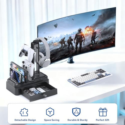 KDD Headphone Stand with Drawer - Rotatable Headset & Detachable Controller Holder for Desk - Multifunctional Organizer with Device Slot for Phones, Tablets - Universal for Gaming Accessories