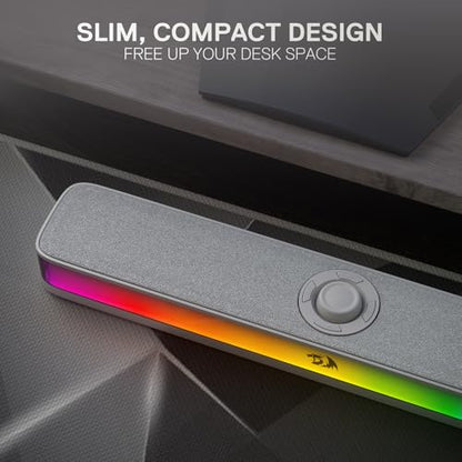Redragon GS515 RGB Desktop Soundbar, 2.0 Stereo Enhanced Sound, BT 5.3 | 6 Dynamic Lighting Effects, Wireless & Wired Connectivity, Compact Design,Plug & Play USB Powered PC Gaming Speaker - color: Gray