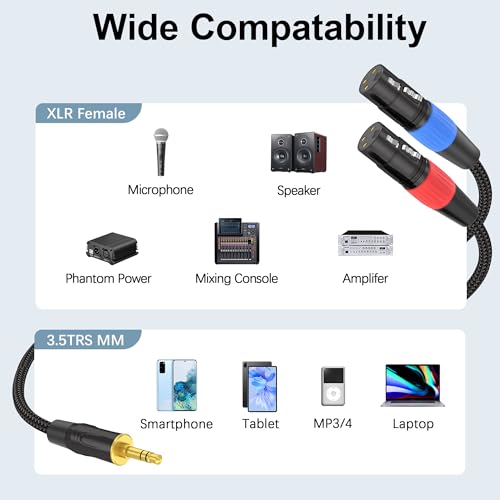 HOSONGIN 3.5mm TRS to Dual XLR Female Cable 6FT, Braided Stereo Audio Splitter for Podcast, DSLR Camera, Mic, Mixer, Interface – Durable Nylon, Noise-Free, Left/Right Channel Adapter Cord