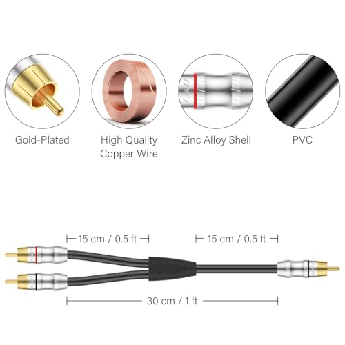 J&D RCA Cable, 1 RCA Male to 2 RCA Male Y-Splitter Digital Stereo Audio Cable Subwoofer Cord for Subwoofer, Home Theater, 1 Feet - size: 1 Feet