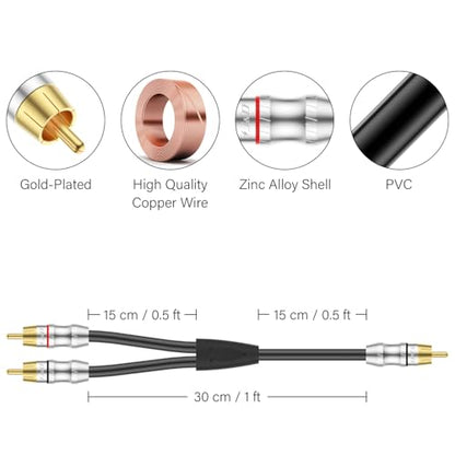 J&D RCA Cable, 1 RCA Male to 2 RCA Male Y-Splitter Digital Stereo Audio Cable Subwoofer Cord for Subwoofer, Home Theater, 1 Feet - size: 1 Feet