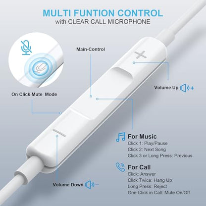 Wired Earbuds [Clear Call Mic], 3.5mm Headphones for iPhone/iPad/Radio | 2 Pack, MFi, HiFi, Noise Cancelling, School/Travel/Airplane - color: White