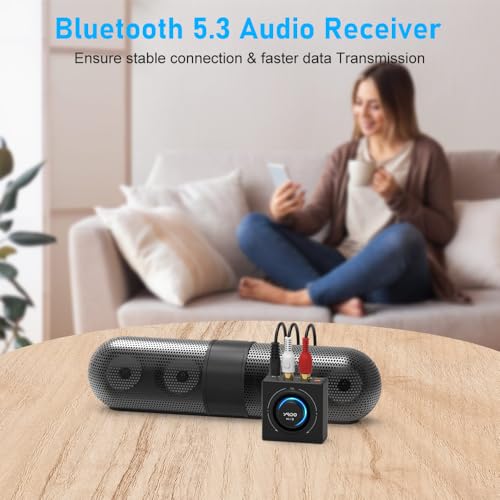 YMOO B06T3 Bluetooth 5.3 Receiver, 100ft RCA Bluetooth Audio Adapter for 3.5mm Jack AUX HiFi Home Stereo/Speaker from Smartphone/Tablet/Laptop, Dual Link for Two Speakers, SBC AAC Audio