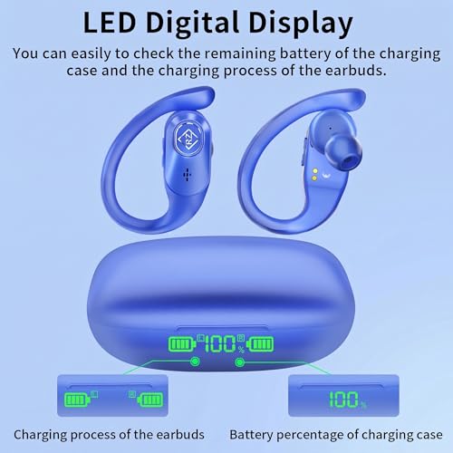 Wireless Earbuds with Ear Hooks 96H Playtime for iPhone Android | LED Display Deep Bass Stereo Sound Built in Mic Sweat Resistant Design Low Latency Mode for Sports Gaming - color: Blue