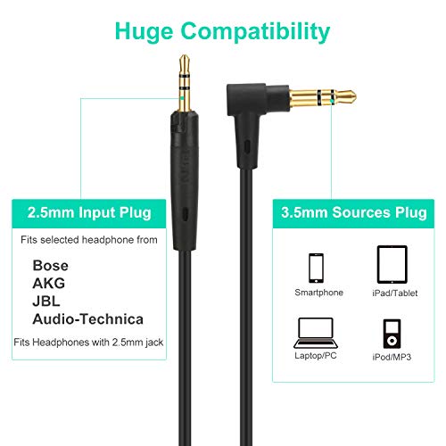 Mr Rex 1.5m(5피트) 3.5mm ~ 2.5mm 오디오 Aux 교체 케이블 90도 오른쪽 코드 JBL/Bose 700 QC45 QC35ii QC35 QC25 QuietComfort 노이즈 캔슬링 헤드폰/AKG용 - size: 5ft (1-Pack)