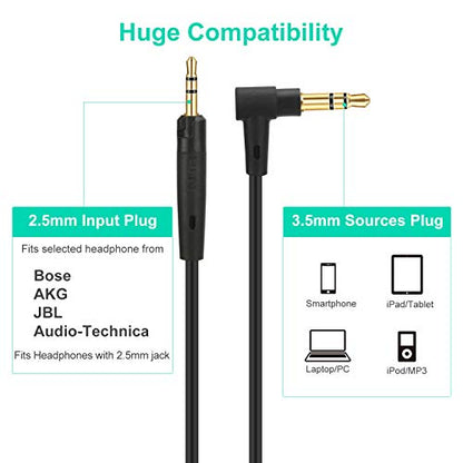 Mr Rex 1.5m(5피트) 3.5mm ~ 2.5mm 오디오 Aux 교체 케이블 90도 오른쪽 코드 JBL/Bose 700 QC45 QC35ii QC35 QC25 QuietComfort 노이즈 캔슬링 헤드폰/AKG용 - size: 5ft (1-Pack)