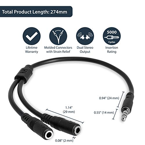 StarTech Slim 3.5mm Audio Splitter Cable, Male to 2x Female (MUY1MFFS) | Slim Audio Splitter Y Cable and Headphone Extender, Aux Cable - size: Slim Cable, style: Black
