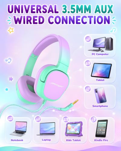 Kids Headphones with Safe Volume Limited for School Travel (GreenPurple) | 3.5mm Wired, Foldable, Stereo Sound On-Ear Headset for iPad Computer Boys Girls - color: GreenPurple