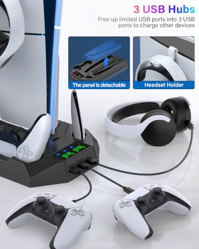 PS5/PS5 Slim/PS5 Pro Stand and Cooling Station with Dual Controller Charging Station for PlayStation 5 Console, PS5 Accessories Incl. Controller Charger, Cooling Fan, Headset Holder, 3 USB Hub, Black - color: Black