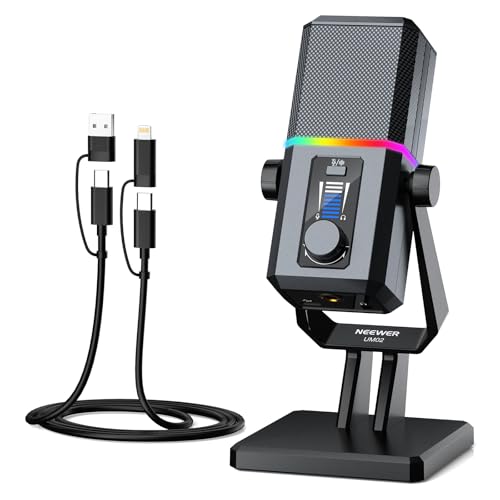 NEEWER UM02 RGB USB Microphone for Gaming Streaming Podcast, Cardioid Condenser Noise Cancellation Desk Mic for Headphone Monitoring Compatible with iPhone iPad Mac PC Android PS5/PS4 Pro/PS4