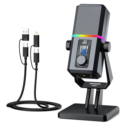 NEEWER UM02 RGB USB Microphone for Gaming Streaming Podcast, Cardioid Condenser Noise Cancellation Desk Mic for Headphone Monitoring Compatible with iPhone iPad Mac PC Android PS5/PS4 Pro/PS4