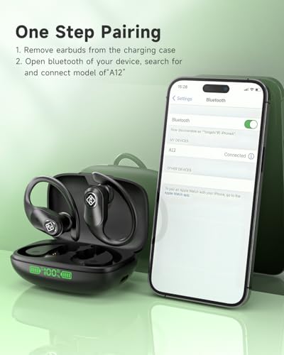Wireless Earbuds Bluetooth Headphones 96H Playtime LED Display Waterproof | Built in Mic Deep Bass Sound Secure Over Ear buds Earhooks for iPhone Android Samsung CellPhones Sport Workout Gaming Running