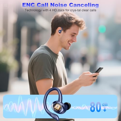 Hupoaf Wireless Earbuds Sport, 2025 Bluetooth 5.4 Headphones with Earhooks, 50H Stereo Deep Bass Over Ear Buds with 4 ENC Noise Canceling Mics, IP7 Waterproof Earphones for Running Workout Gym -Blue - color: A-Dark Blue