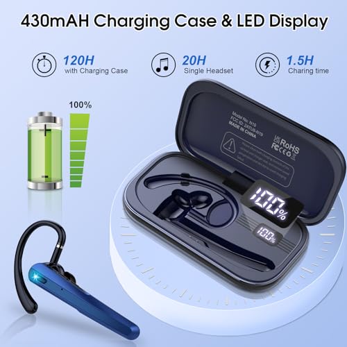 Bluetooth Headset V5.3, Wireless Headset with ENC Noise Canceling Mic | 120Hrs Talk Single-Ear Bluetooth Earpiece, LED Display, IP7 Waterproof Hand-Free Earphone for Business/Trucker, Dark Blue - color: Dark Blue