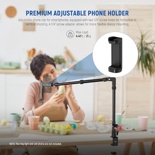 NEEWER 45.5" Overhead Camera Desk Stand, Aluminum 4 Section Magic Mic Boom Arm with C Clamp Mount Holder, for Webcam LED Light Microphone Streaming Zoom Video Recording, Max Load 4.41lb, DS023 - style: DS023