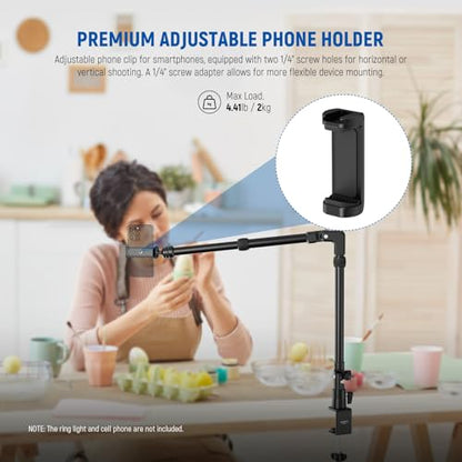 NEEWER 45.5" Overhead Camera Desk Stand, Aluminum 4 Section Magic Mic Boom Arm with C Clamp Mount Holder, for Webcam LED Light Microphone Streaming Zoom Video Recording, Max Load 4.41lb, DS023 - style: DS023