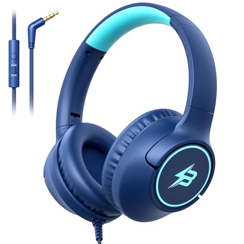 Kids Headphones Wired for School, 3.5mm Safe Volume Limited with Mic, Navy - color: Navy Blue