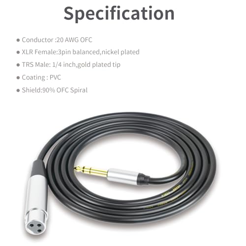 1/4 Inch TRS to XLR Female Balanced Cable, 6.35mm Male to 3-Pin XLR, 10Ft, for Microphone, Mixer, Speaker, Studio - color: grey, size: 10Ft