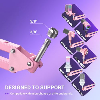 FIFINE AmpliGame BM38P Metal RGB Microphone Boom Arm for Gaming Streaming | Adjustable Suspension Scissor Mic Stand, Desk Mount Clamp, 3/8” to 5/8” Screw Adapter - color: Pink