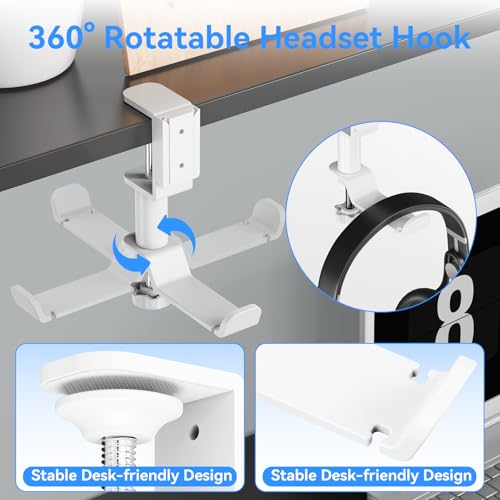 Desk Cup Holder Clamp with Headphone Hanger and Storage Tray | Clamp on design, rotating headphone hanger, detachable storage tray, cable holes, fits 5-50mm desks - color: White
