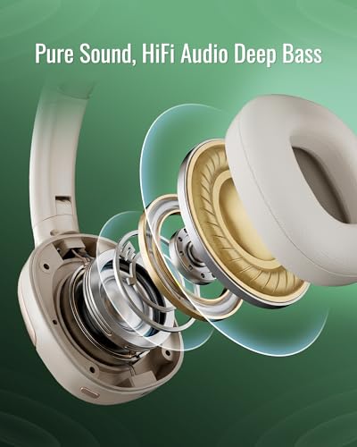 Hybrid Active Noise Cancelling Headphones, Wireless Over Ear Bluetooth | 50H Long ANC Playtime, Rotatable and Foldable, HiFi Audio Deep Bass, Customized EQ via APP, Transparency Mode - color: Matte Cream White