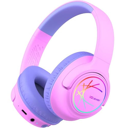 iClever BTH18 Kids Bluetooth Headphones LED Lights for Toddler Boys Girls | SafeSound Tech, 43H Playtime Stereo Sound, USB C Charging AUX Cable, Over Ear Kids Headphones Wireless for iPad/Tablet/Travel - color: B-Blue/Pink