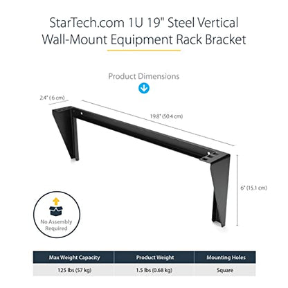 StarTech 1U Vertical Wall-Mount Patch Panel Rack, 125lb, TAA (RK119WALLV) | EIA-310 and REACH compliant, Ships assembled, 6 wood screws, 4 M5 cage nuts and screws, Any depth - size: 1U