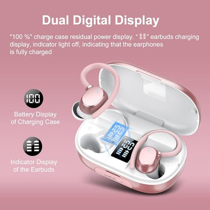Ear buds Wireless Bluetooth Earbuds Sport 2026 NEW Bluetooth 5.3 Headphones with LED Display 128H Playtime Powerful Bass Over Ear Earphones with Earhooks IP7 Waterproof for Gym/Running/Workout - color: Rosegold