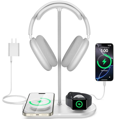 4 in 1 Headphone Stand, Airpod Max Charger Stand with 15W Wireless Charger | Headset Holder for AirPods Max 2/Pro/iWatch/Vision Pro, Charging for iPhone 17/16/15/14/13/12/11/X, Aluminum Alloy Rod, White - color: Cream White