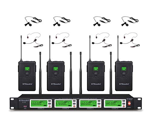 GTDaudio 4x800 Channels UHF Diversity Wireless Microphone System | Cordless Lavalier/Lapel/Headset, 400fts Range, 4 Body Packs