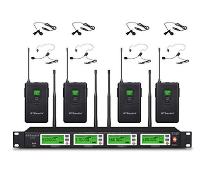 GTDaudio 4x800 Channels UHF Diversity Wireless Microphone System | Cordless Lavalier/Lapel/Headset, 400fts Range, 4 Body Packs