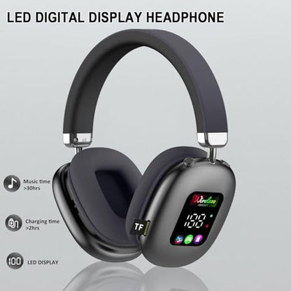 Wireless Bluetooth Over-Ear Headphones with Mic, LED Display, Deep Bass Stereo Sound, Low Latency, Noise Cancelling Mic, Lightweight Headset for Work, Home, PC, Phone (Blue) - color: Blue