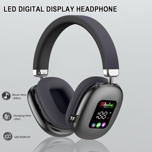 Wireless Bluetooth Over-Ear Headphones with Mic, LED Display, Deep Bass Stereo Sound, Low Latency, Noise Cancelling Mic, Lightweight Headset for Work, Home, PC, Phone (Black) - color: Black