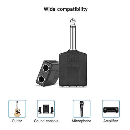 Jelanry 1/4" 6.35mm Stereo Male to Dual 1/4" 6.35mm Female Splitter Adapter | Dual 6.5mm Jack Adapter Audio Y Cable Splitter for Guitar, Headphone, Microphone, Amplifier TAA Compliant - Black