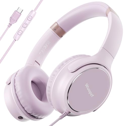 USB C Wired Over-Ear Headphones with Microphone | Volume Control, Share Port, Adjustable Headband Foldable Stereo Headset for Adult/Teens for iPhone 16, Laptop, Gaming, Travel - color: Pink