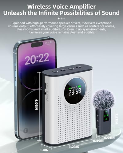 S67 Voice Amplifier Wireless Microphone Dual for Teachers Classroom Rechargeable, Mini Lavalier Lapel Mic, Portable Speaker PA System with LED Display for Class, Tour Guide, Coaches, White - color: White 2 Mics