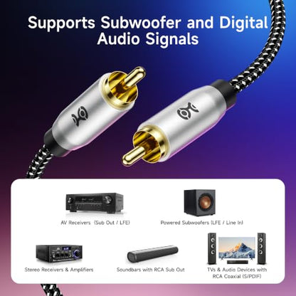 Cable Matters 2-Pack Shielded Subwoofer Cable, RCA Cable, 6ft / 1.8m | Braided, Digital Coaxial RCA Cord for LFE Subwoofers, S/PDIF Digital Audio, Home Theater, and A/V Equipment - size: 6 Feet